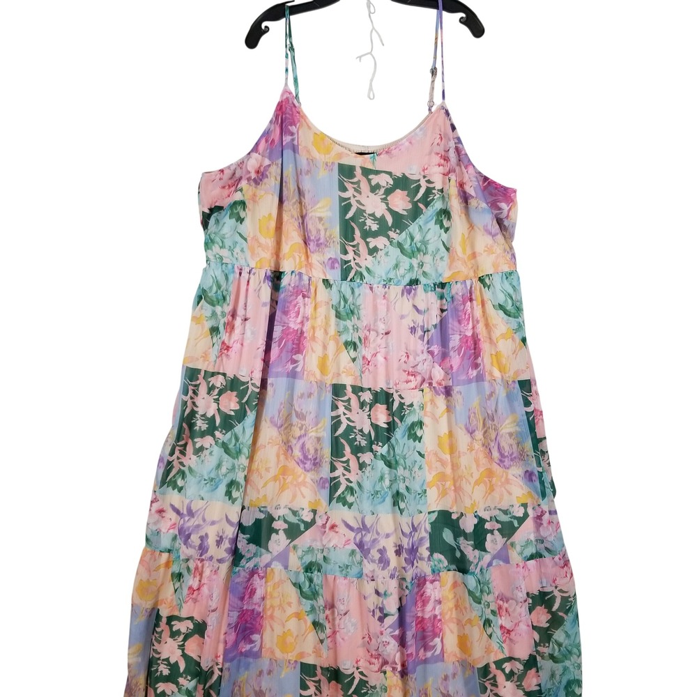 Lane Bryant Women 26 Pastel Patchwork Floral Tiered Maxi Dress Spaghetti Strap